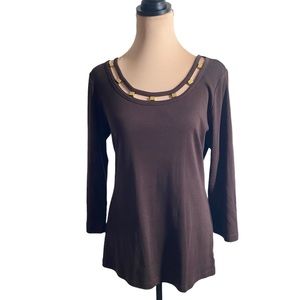 Karen Scott, NWOT, 100%cotton, brown/gold top/tunic